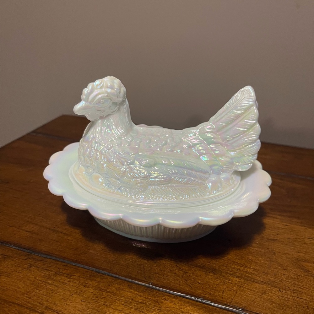 Mosser glass 6" milk carnival hen on a nest